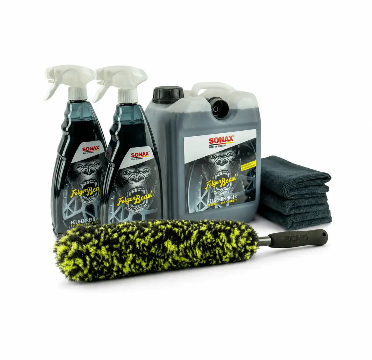 Sonax Felgenreiniger Set Felgenbeast 5 Liter und 2 Liter mit 21CARS Felgenbürste und Edgeless Towels